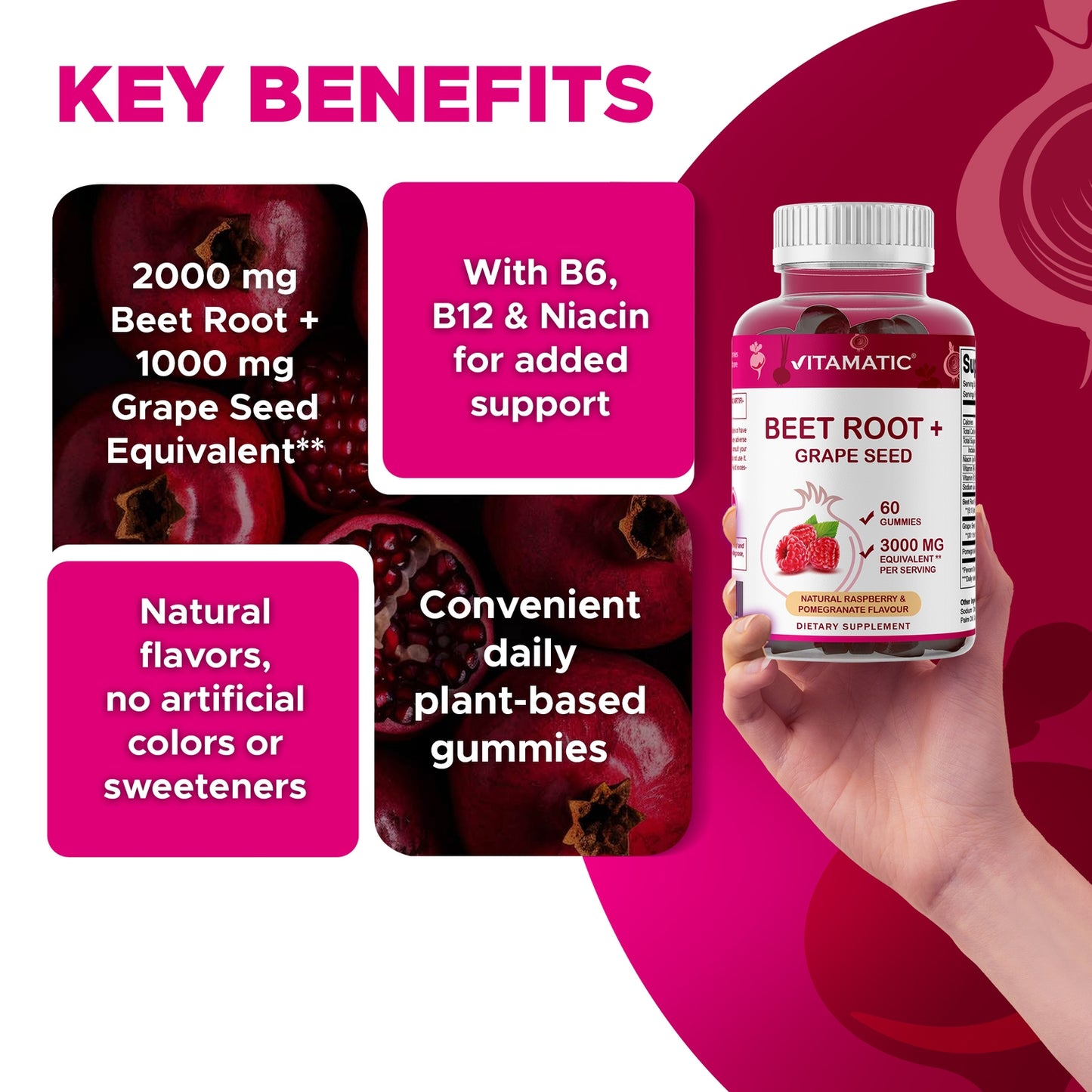 Vitamatic Beet Root + Grape Seed Gummies with Pomegranate - 60 Count