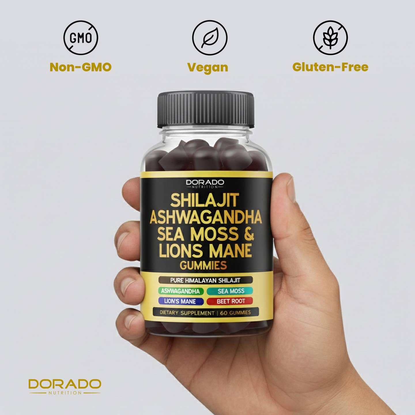 Dorado Pure Himalayan Shilajit, Ashwagandha, Sea Moss & Lion's Mane Gummies - 60 Count