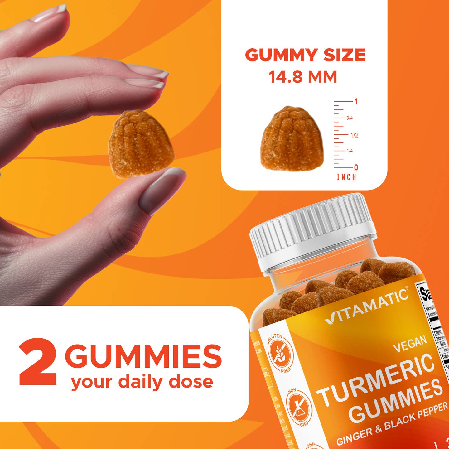 Vitamatic Vegan Turmeric Gummies with Ginger & Black Pepper - Natural Peach Flavor, 60 Count