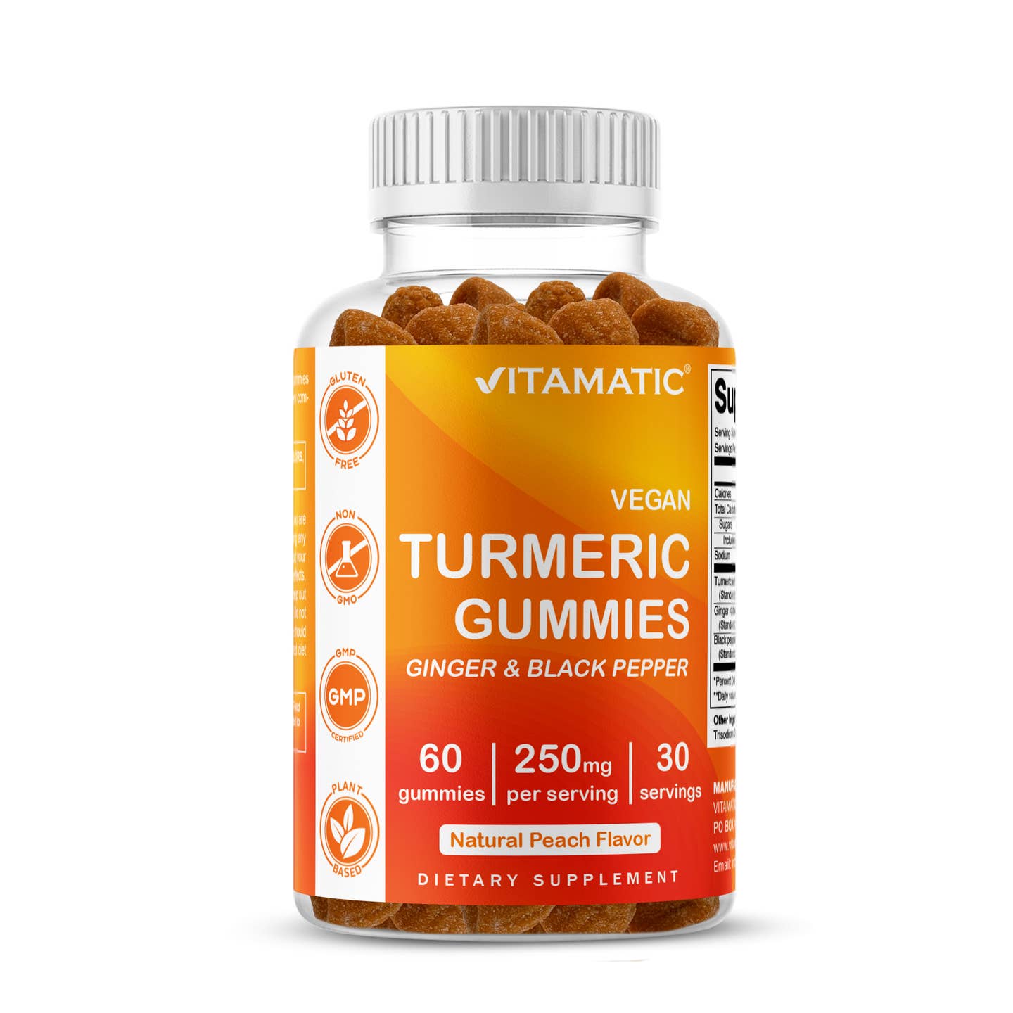 Vitamatic Vegan Turmeric Gummies with Ginger & Black Pepper - Natural Peach Flavor, 60 Count
