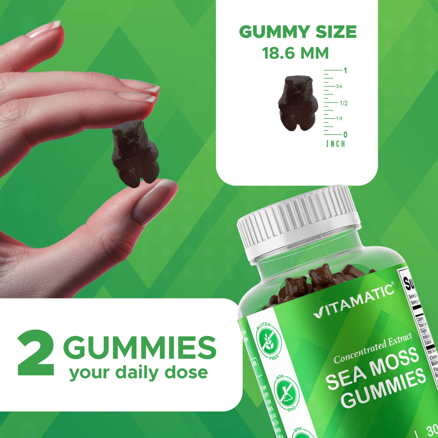 Vitamatic Sea Moss, Bladderwrack & Burdock Root Gummies Concentrated Extract - Natural Raspberry Flavor, Vegan, 60 Count
