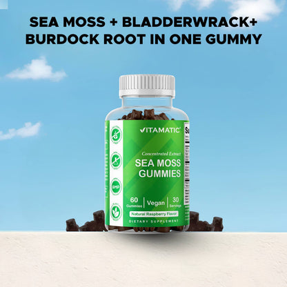 Vitamatic Sea Moss, Bladderwrack & Burdock Root Gummies Concentrated Extract - Natural Raspberry Flavor, Vegan, 60 Count