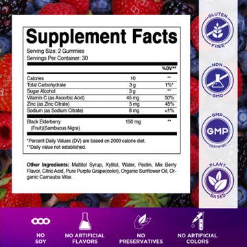 Vitamatic Elderberry Gummies with Zinc & Vitamin C - Mixed Berry Flavor, Sugar Free, 60 Count