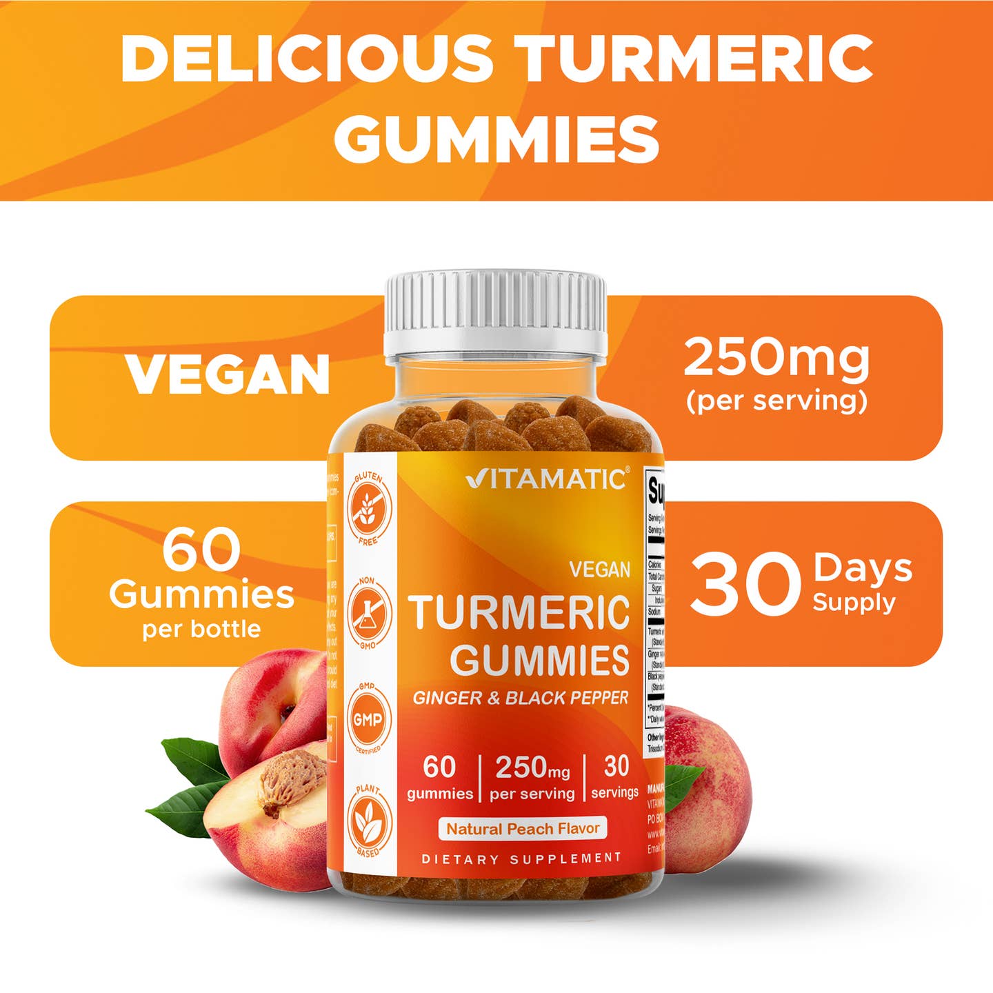 Vitamatic Vegan Turmeric Gummies with Ginger & Black Pepper - Natural Peach Flavor, 60 Count