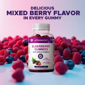 Vitamatic Elderberry Gummies with Zinc & Vitamin C - Mixed Berry Flavor, Sugar Free, 60 Count