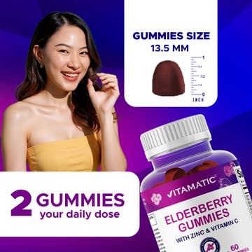 Vitamatic Elderberry Gummies with Zinc & Vitamin C - Mixed Berry Flavor, Sugar Free, 60 Count