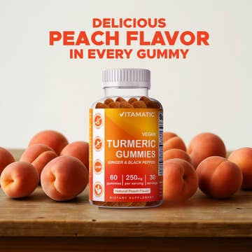 Vitamatic Vegan Turmeric Gummies with Ginger & Black Pepper - Natural Peach Flavor, 60 Count