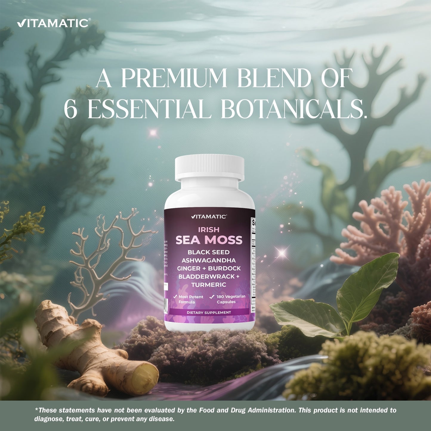 Vitamatic Irish Sea Moss, Black Seed, Ashwagandha, Ginger, Burdock, Bladderwrack & Turmeric - 180 Vegetarian Capsules