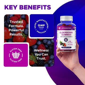 Vitamatic Elderberry Gummies with Zinc & Vitamin C - Mixed Berry Flavor, Sugar Free, 60 Count