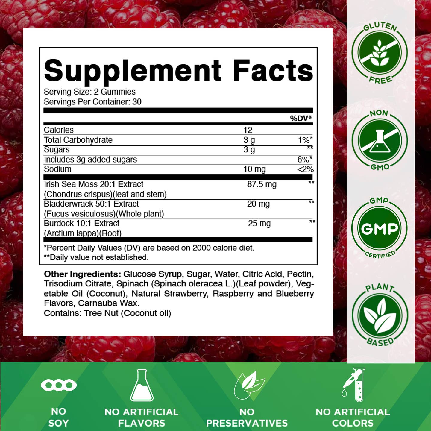 Vitamatic Sea Moss, Bladderwrack & Burdock Root Gummies Concentrated Extract - Natural Raspberry Flavor, Vegan, 60 Count