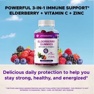 Vitamatic Elderberry Gummies with Zinc & Vitamin C - Mixed Berry Flavor, Sugar Free, 60 Count