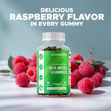Vitamatic Sea Moss, Bladderwrack & Burdock Root Gummies Concentrated Extract - Natural Raspberry Flavor, Vegan, 60 Count