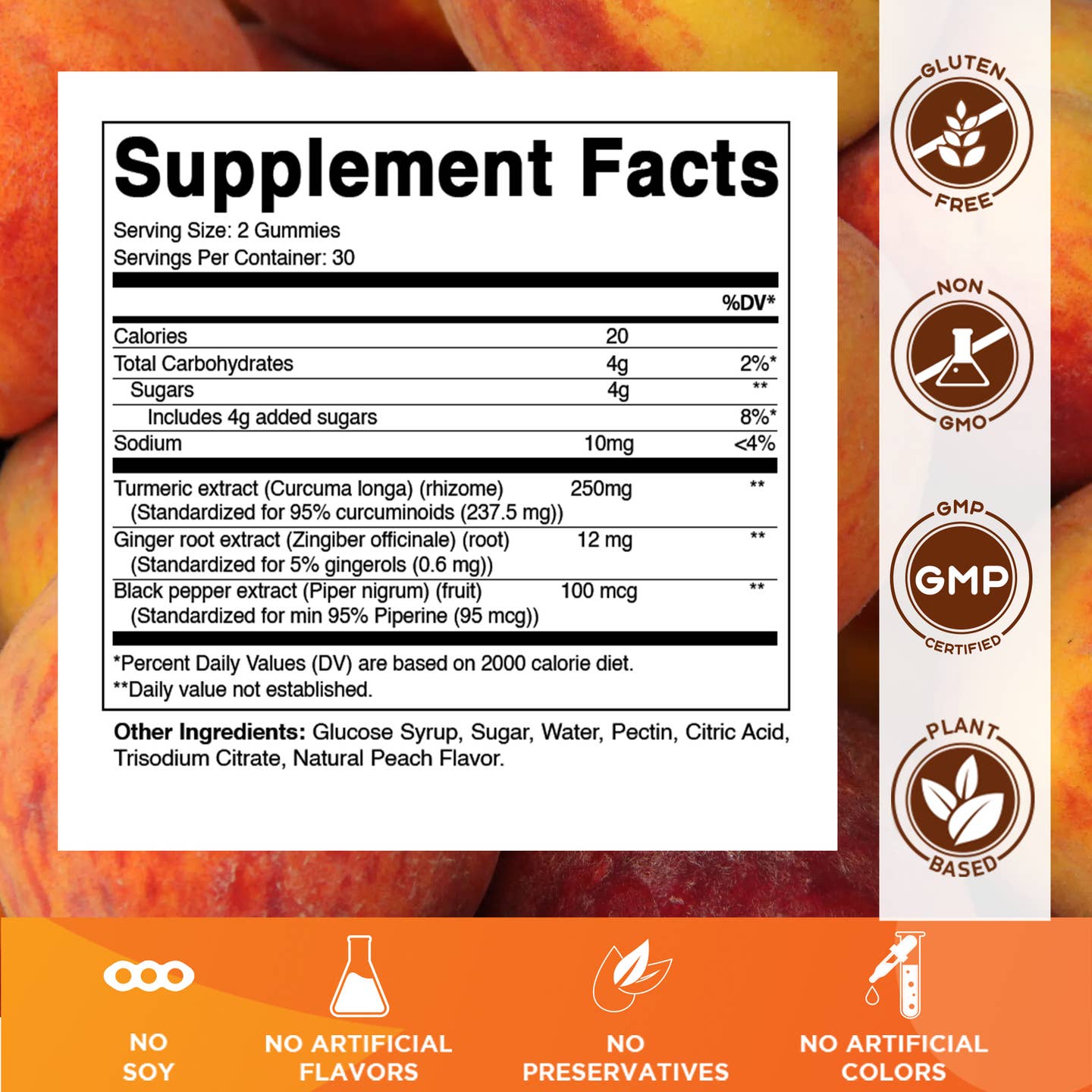 Vitamatic Vegan Turmeric Gummies with Ginger & Black Pepper - Natural Peach Flavor, 60 Count