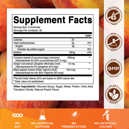 Vitamatic Vegan Turmeric Gummies with Ginger & Black Pepper - Natural Peach Flavor, 60 Count