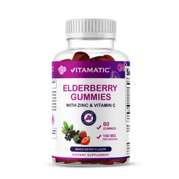 Vitamatic Elderberry Gummies with Zinc & Vitamin C - Mixed Berry Flavor, Sugar Free, 60 Count