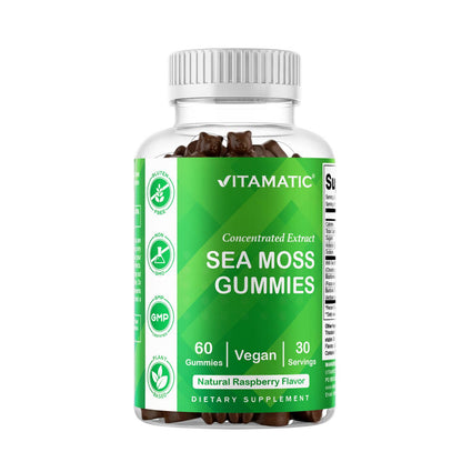 Vitamatic Sea Moss, Bladderwrack & Burdock Root Gummies Concentrated Extract - Natural Raspberry Flavor, Vegan, 60 Count