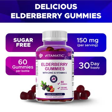 Vitamatic Elderberry Gummies with Zinc & Vitamin C - Mixed Berry Flavor, Sugar Free, 60 Count