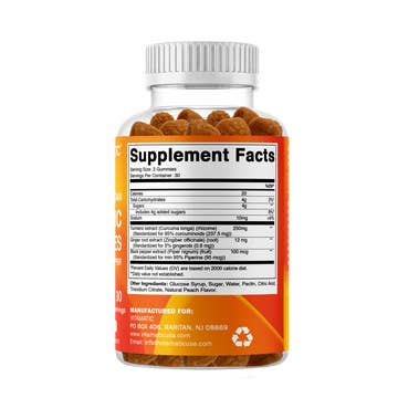 Vitamatic Vegan Turmeric Gummies with Ginger & Black Pepper - Natural Peach Flavor, 60 Count