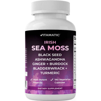 Vitamatic Irish Sea Moss, Black Seed, Ashwagandha, Ginger, Burdock, Bladderwrack & Turmeric - 180 Vegetarian Capsules
