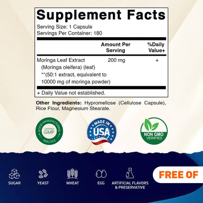Vitamatic Moringa 50:1 Extract — 180 Capsules | Pure & Potent Dietary Supplement